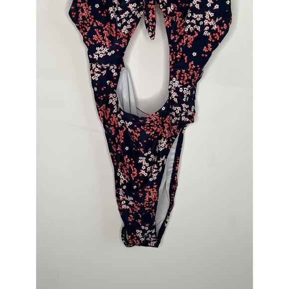Michael Michael Kors Scattered Blooms One-Piece Swimsuit with Tie Front Navy 12 - Picture 4 of 11